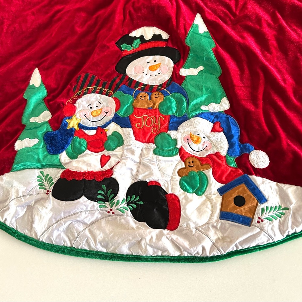 VTG Santa's Best Padded Red Velvet Christmas Tree Skirt 46.5" Appliqué Green Tri